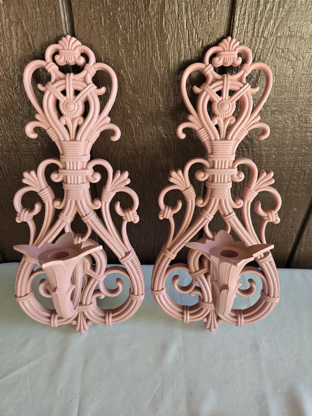 Ornate Scroll Design Pink Vintage Wall Sconces Set of 2 Candle Holders